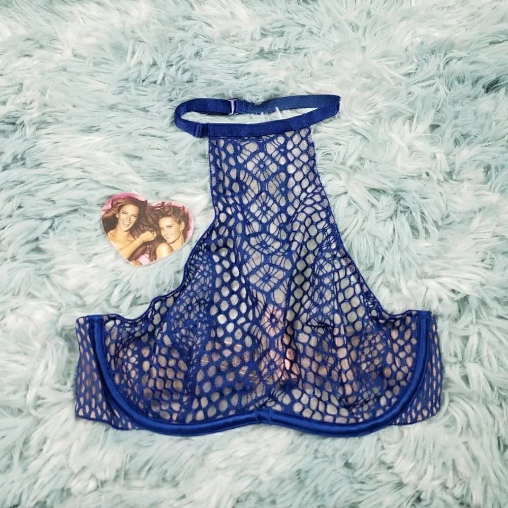 VS Blue High neck Unlined Bra Fish Net 32 B - Picture 3 of 6